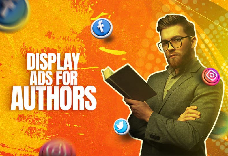 A man in a suit holds a book titled 'Display Ads for Authors' in his hands.